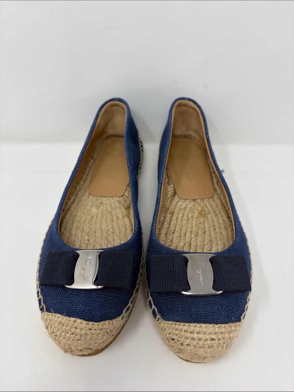 Salvadore Ferragamo Navy Canvas Espadrille Flats with Bow Accent Size 8